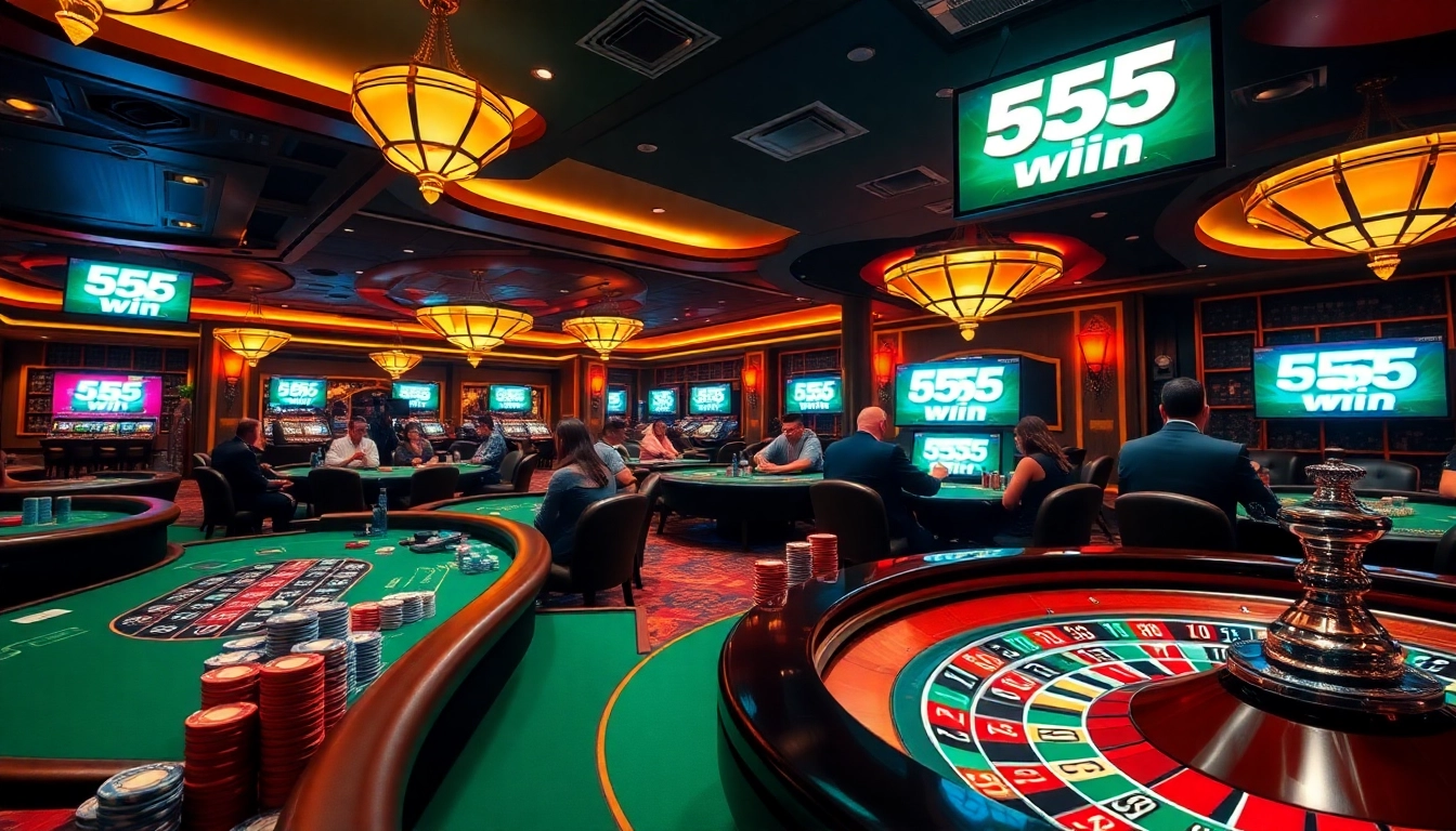 Experience the thrill of 555 win at a vibrant casino featuring poker tables and roulette.