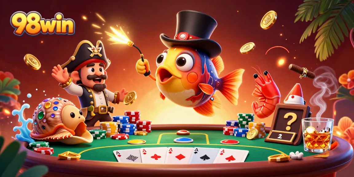 Experience the thrill of 98win with a dynamic underwater casino scene featuring vibrant poker elements and glowing treasures.
