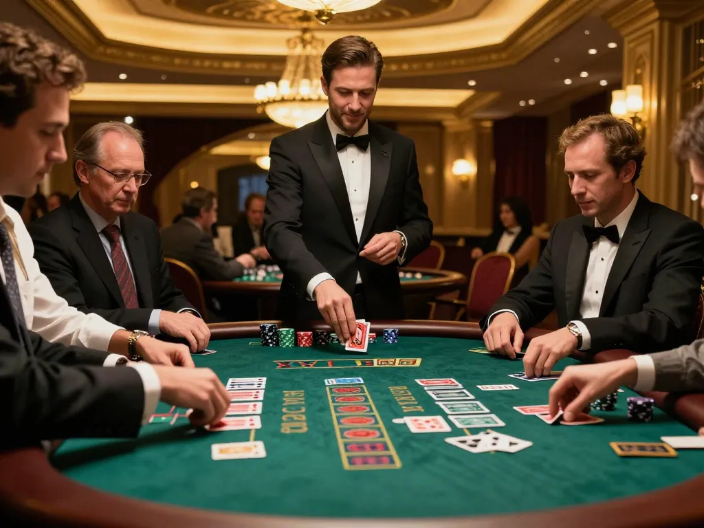 Engaged players at a blackjack table in an upscale casino showcasing az 888 strategic gambling.