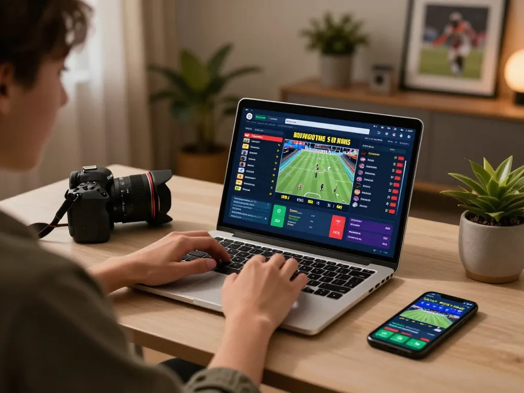 Engaging online sports betting scene at home, showcasing 79KING strategies on laptop screen with live stats.