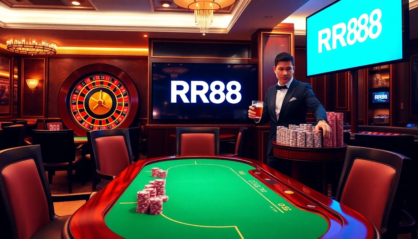 Experience the thrill of RR88 with high-stakes poker and roulette gameplay in a luxurious casino setting.