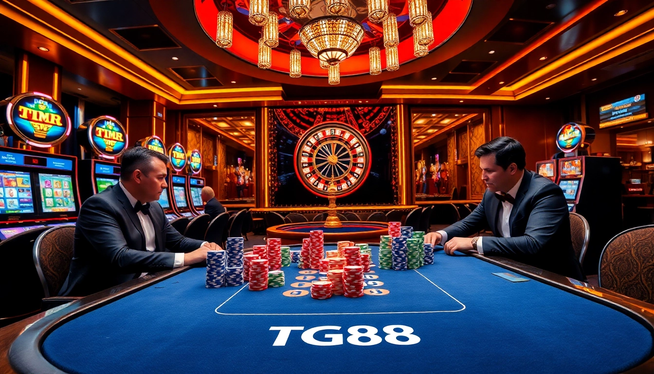 Players at the TG88 poker table celebrate their winning hands in an elegant casino setting.