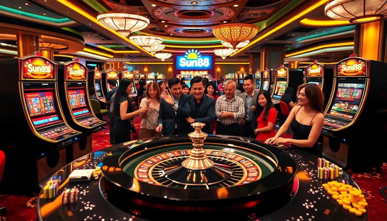 Engaging gamblers at the vibrant Sun88 casino with slot machines and roulette table highlights.