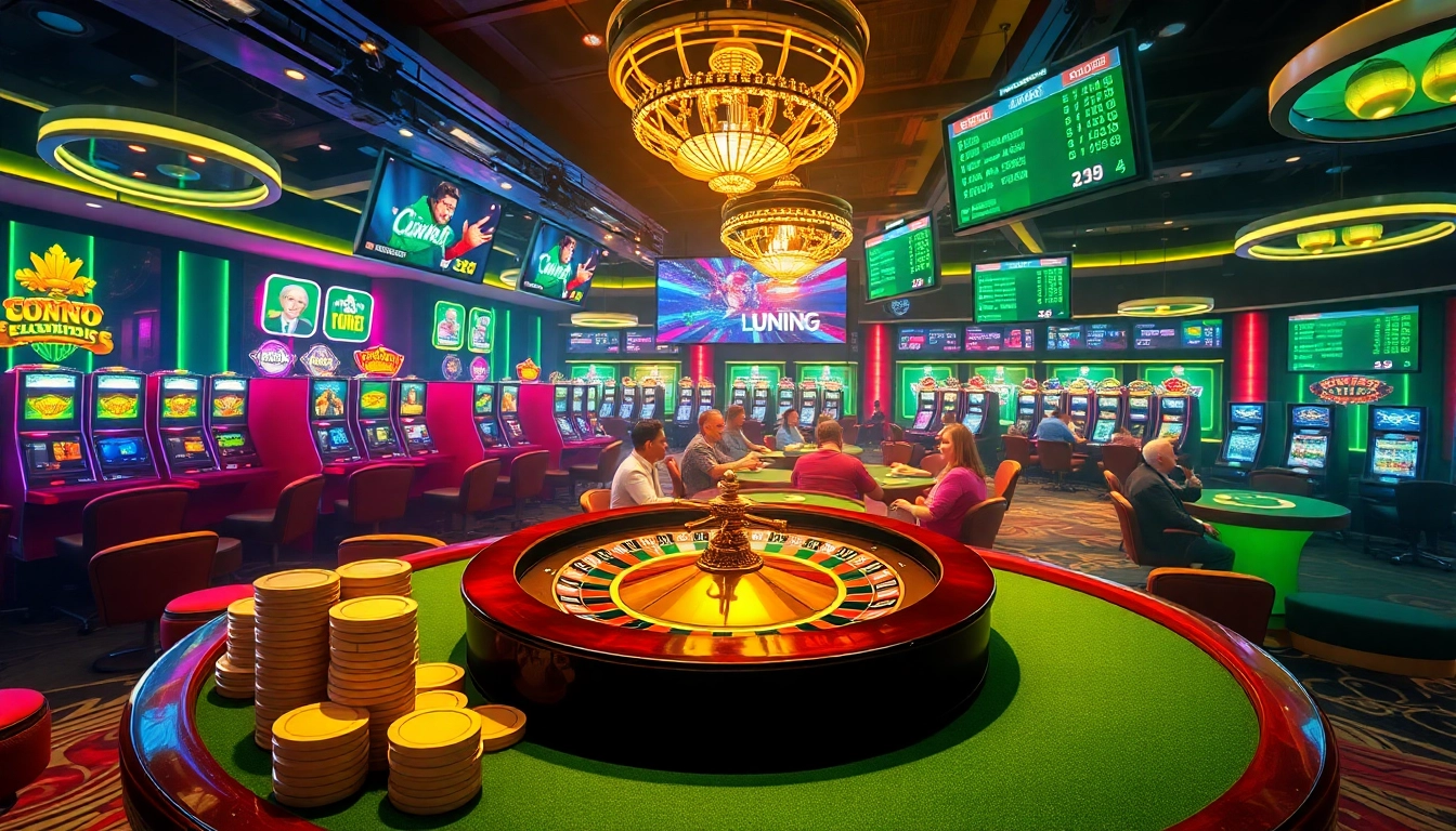 Kuwin casino experience with vibrant roulette wheel and engaged players at poker tables.