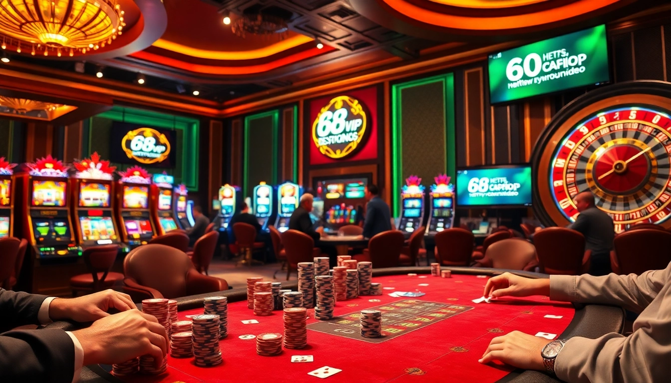Experience the excitement of high-stakes gaming at https://68vip.video/ with a vibrant poker scene and glowing slot machines.