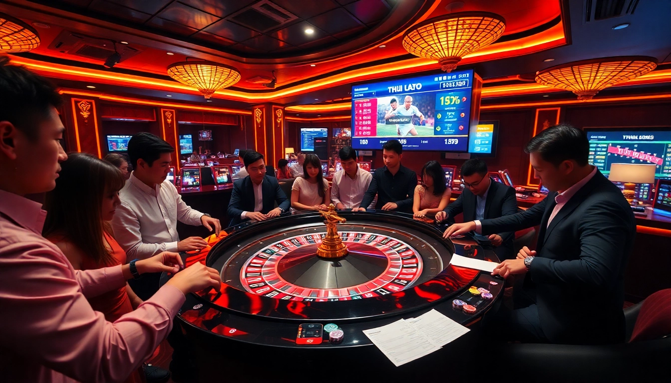 Players engaging at a roulette table, focusing on tỷ lệ kèo for upcoming matches in a luxurious casino setting.