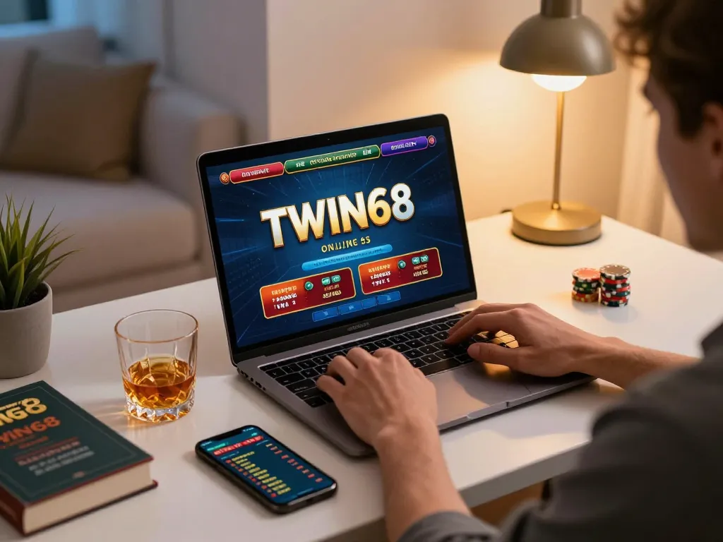TWIN68 gaming strategy session at home with player using laptop for online betting