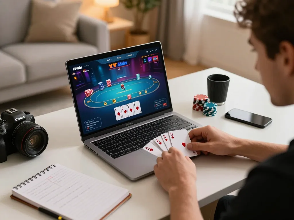 Kkwin player engaging in strategic online poker with vibrant interface and cozy home setting