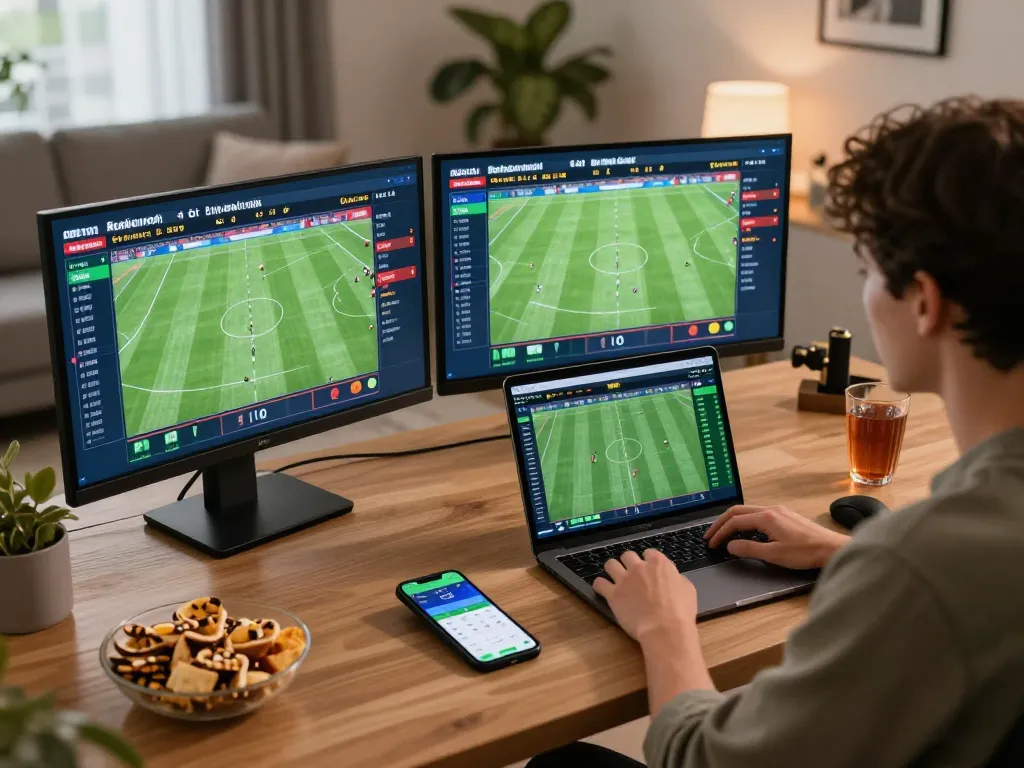 Kèo nhà cái hôm nay shows a person engaged in sports betting at home, analyzing live matches and placing bets.
