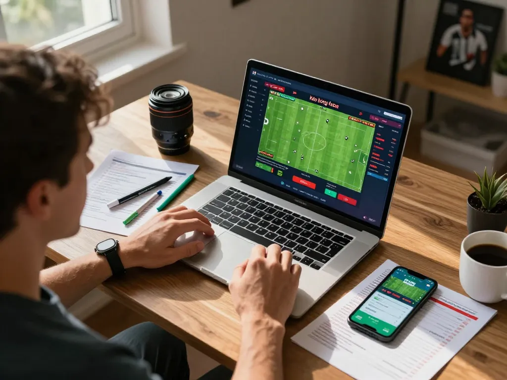 Engaging scene of online betting with kèo bóng đá displayed prominently on laptop, highlighting the thrill of sports gambling.