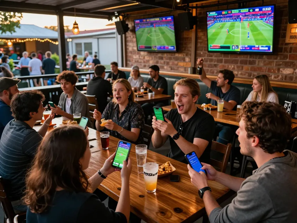 Fans engaging in sports betting action through keonhacai app while enjoying live sports event outdoors.