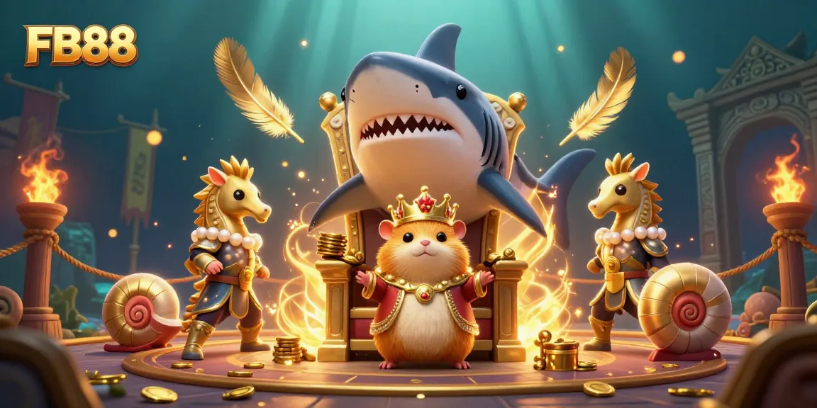 FB88 engages players with a vivid underwater casino scene featuring a golden hamster king and dynamic gambling elements.