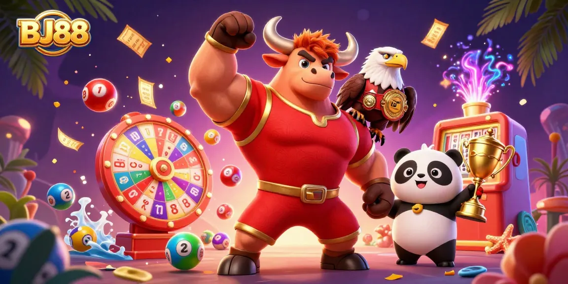BJ88 showcases a dynamic victory scene with a bull mascot, eagle, and panda amidst colorful gaming elements.