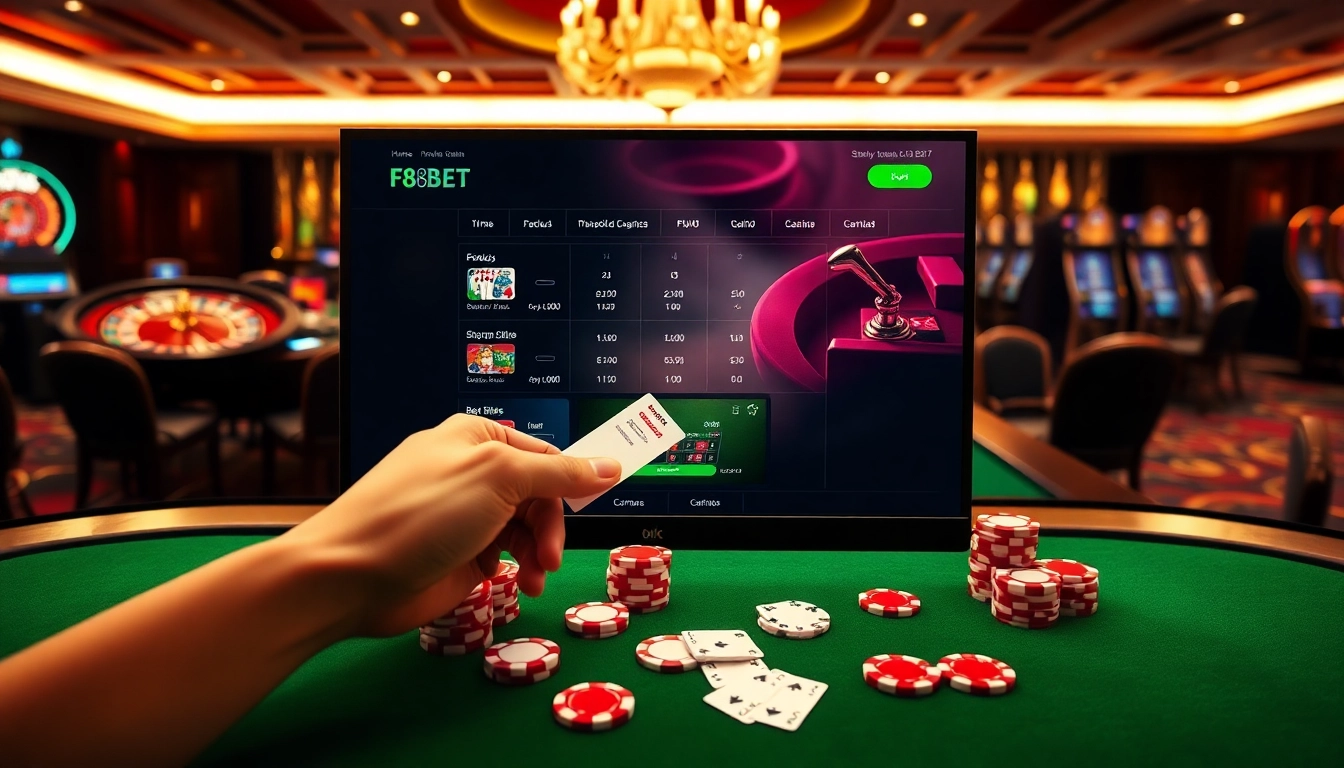 Experience the thrill of betting with F8BET at an elegant casino scene featuring vibrant gaming elements.