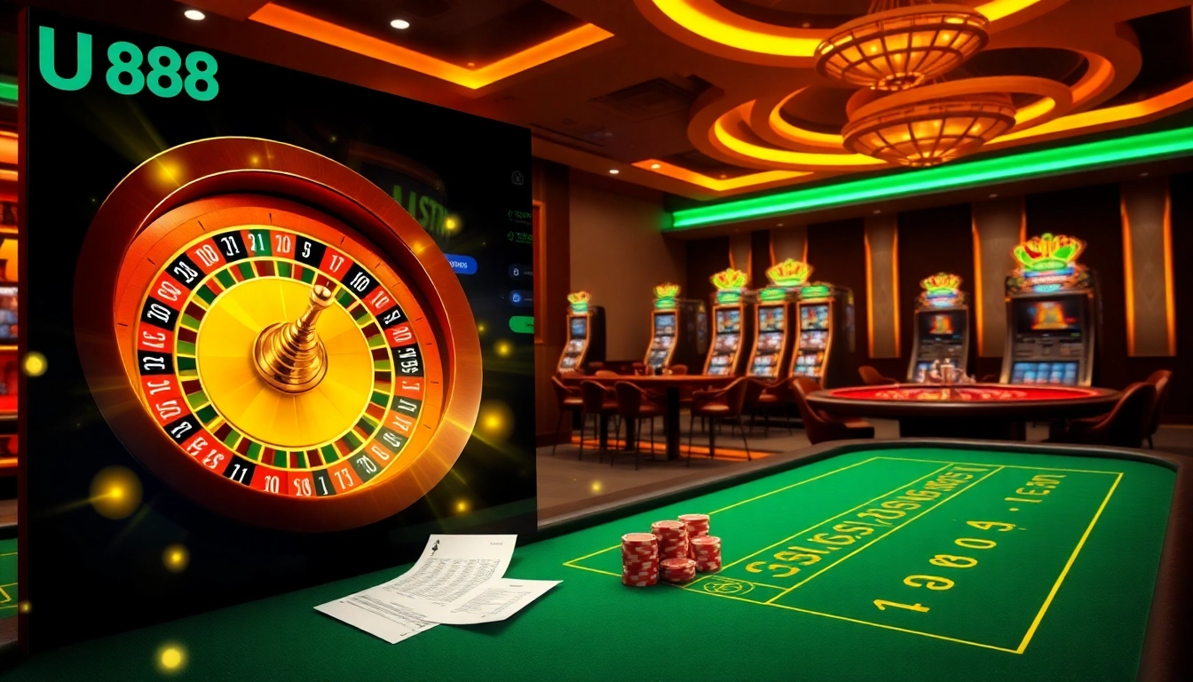 UU88 online casino displaying vibrant slot machines and a roulette wheel for thrilling gaming.