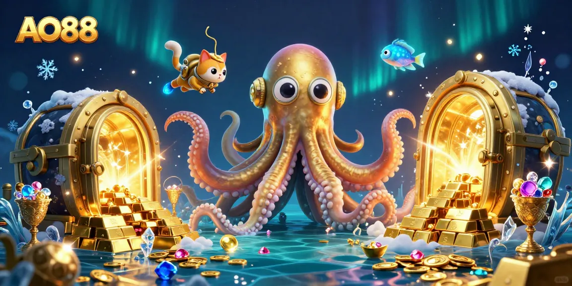 Win big at AO88 with a vibrant, treasure-filled casino scene featuring a kraken and diving cat.