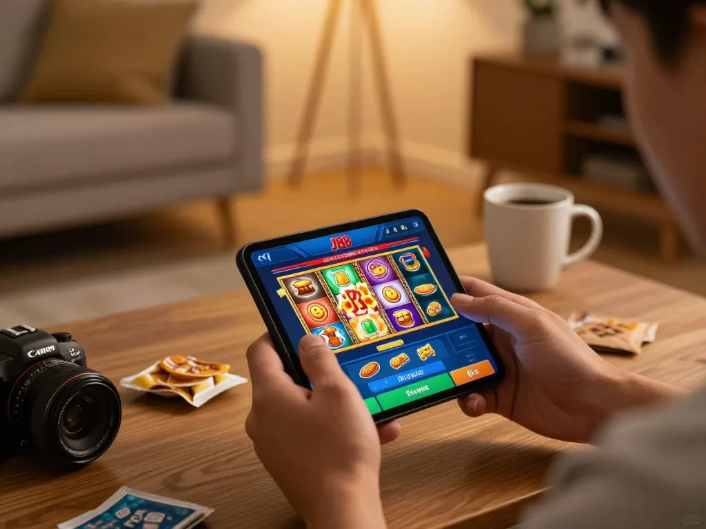 Player enjoying the J88 mobile app for online slots in a cozy home atmosphere with warm lighting.