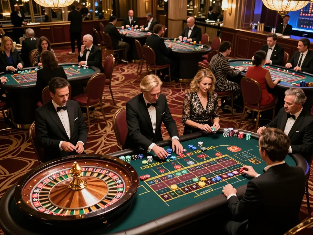 Engaging gameplay at Nhà Cái OKFUN's lively casino floor with active roulette table and players