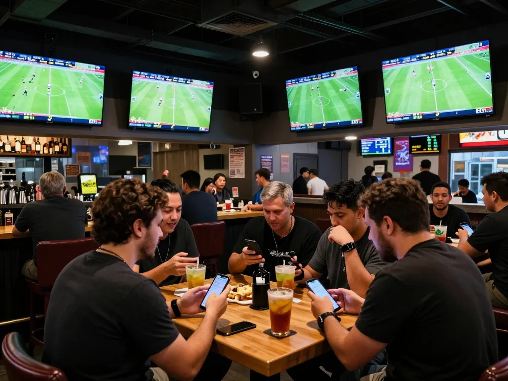 Engaged sports fans analyzing kèo bóng đá odds during live match, vibrant atmosphere.