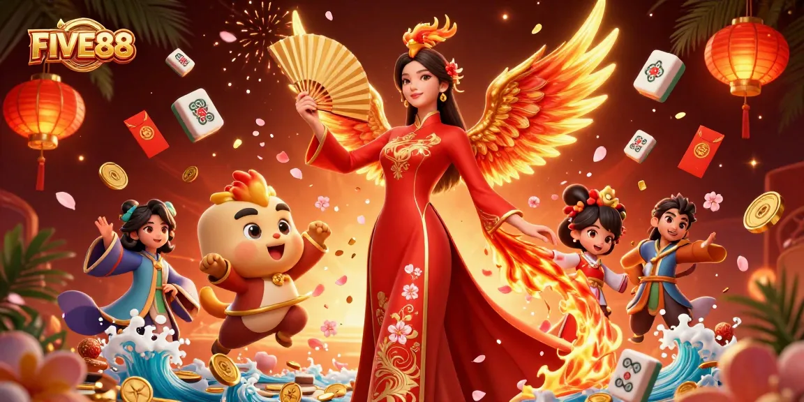Experience the thrill of FIVE88 casino gaming with vibrant characters, rich decorations, and lucky elements.