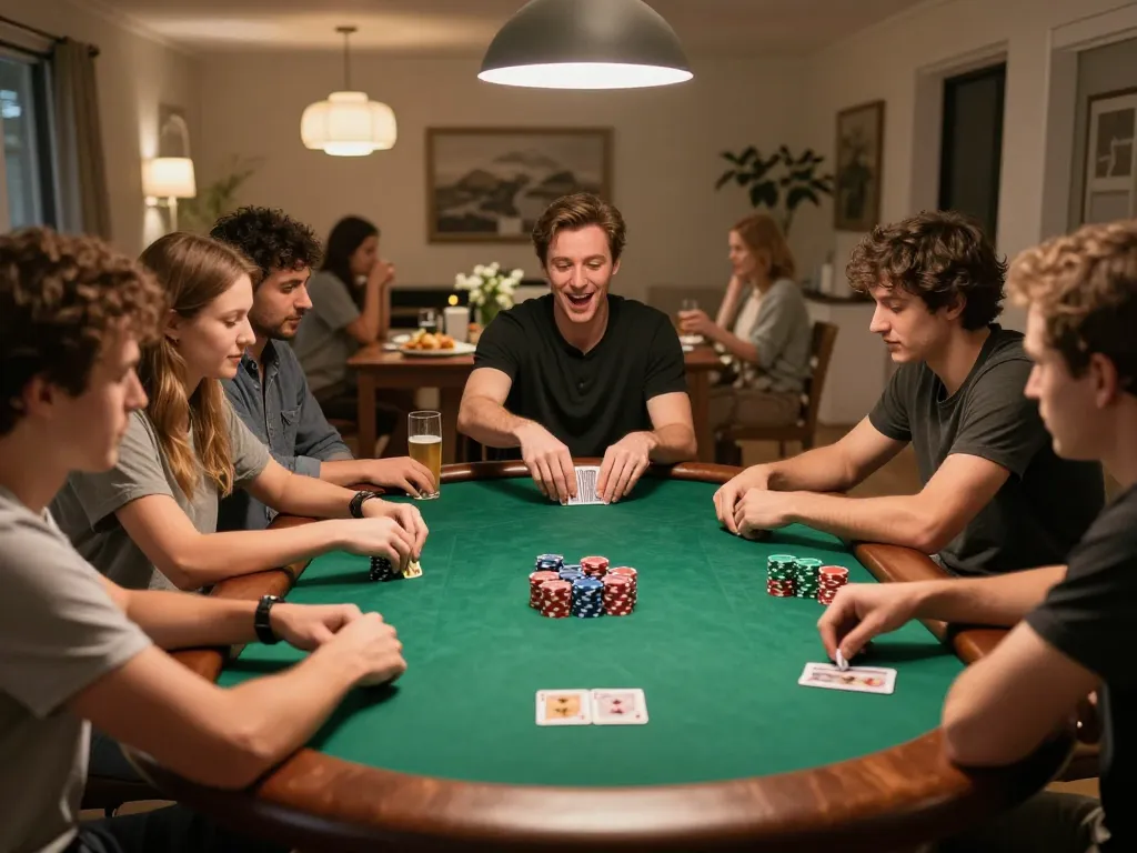 B52Club players enjoying an exciting home poker game with vibrant chips and strategic gameplay