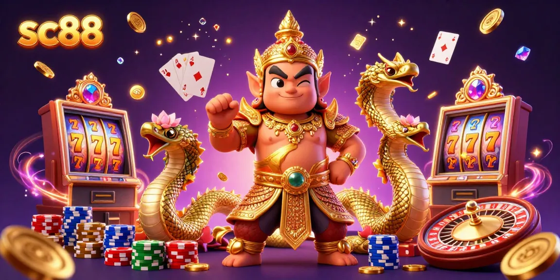 Play with sc88's exciting slot reels and vibrant gaming scene featuring treasures and casino elements.