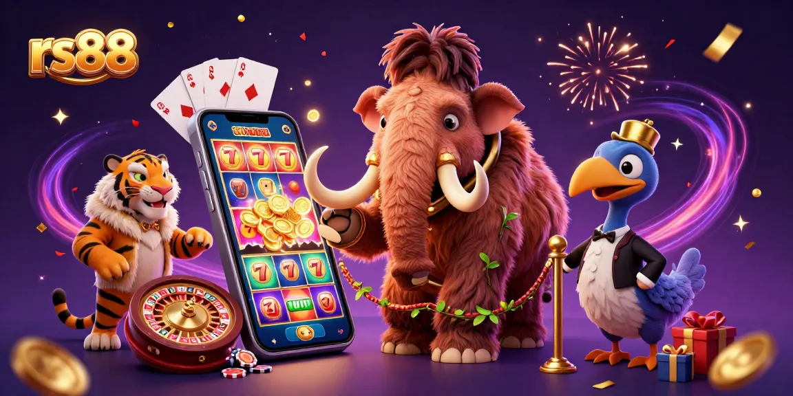 Experience the excitement of rs88 with a colorful casino scene featuring vibrant slot games and playful characters.