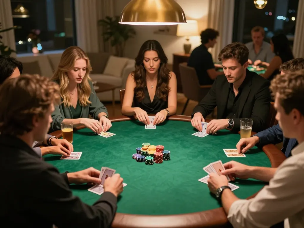Experience exciting poker gameplay at home with tg88, showcasing cards and chips among friends.