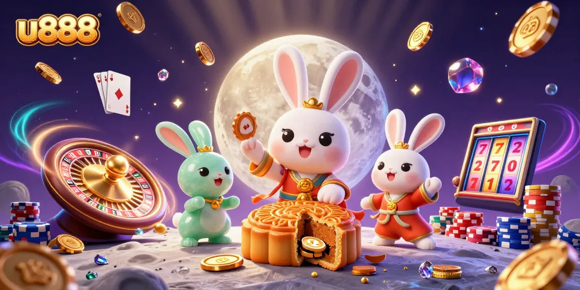Experience the excitement of u888 with a vivid 3D illustration of moon rabbits and casino elements.