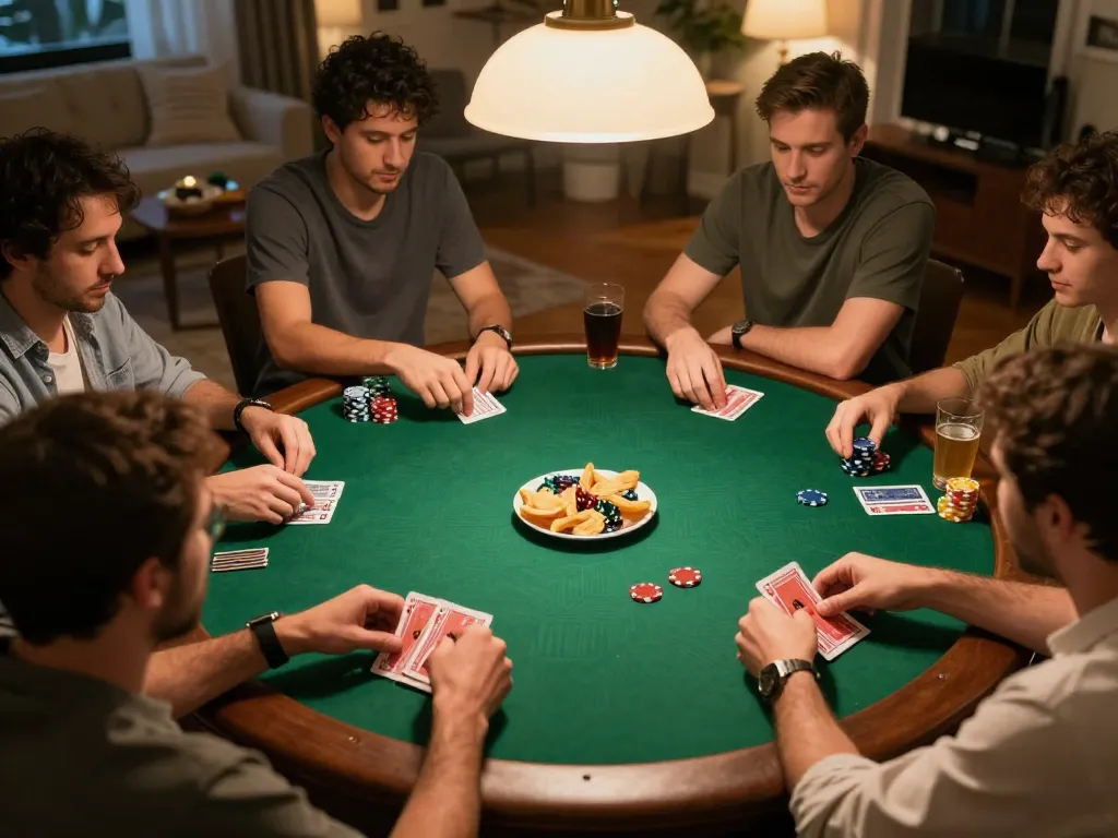 C168 home poker night with players showing cards and chips, emphasizing strategic gameplay atmosphere.
