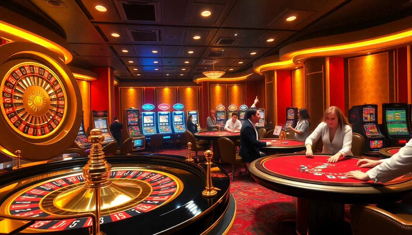 KJC online players celebrating their wins at a lavish casino table with chips and cards.