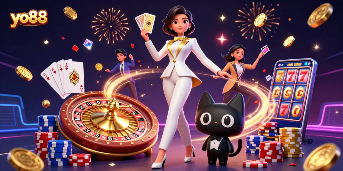 Experience thrilling wins at yo88 with a 3D scene of dynamic card play and vibrant casino elements.