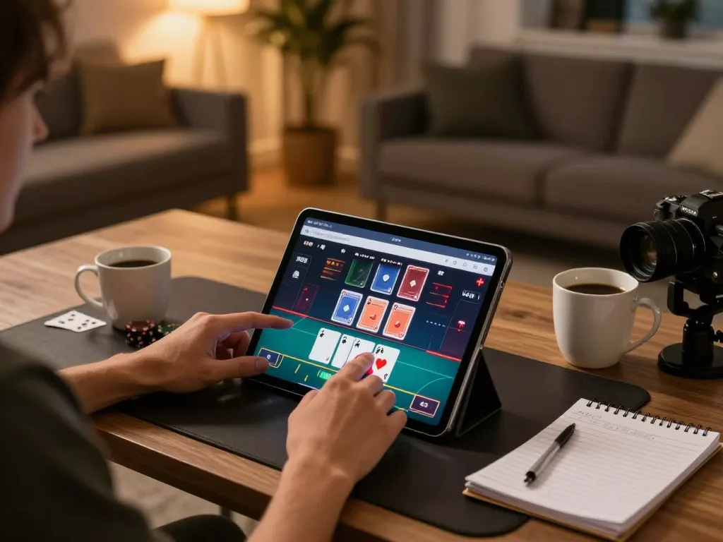 Engaging poker gameplay at HIT CLUB on a tablet, creating an inviting home gaming scene.