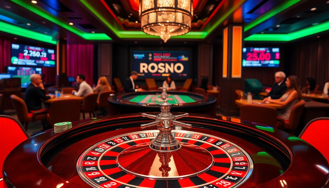 Exciting casino scene at https://mtr888.com/ featuring roulette table, chips, and players.