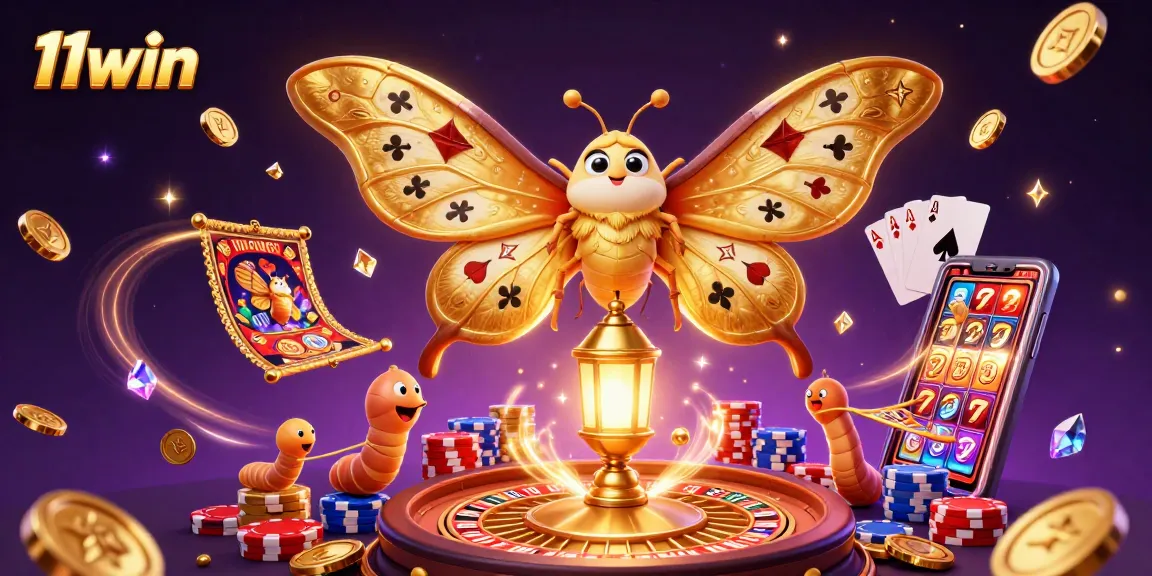 Engage with the vibrant energy of 11win in this captivating casino-themed illustration featuring a majestic moth.