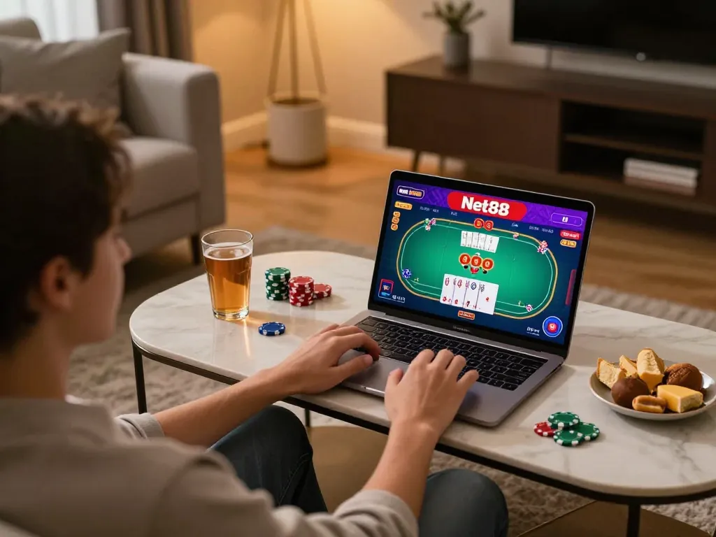 Player engaging in intense gameplay on Net88, vibrant poker interface visible, showcasing strategic betting.