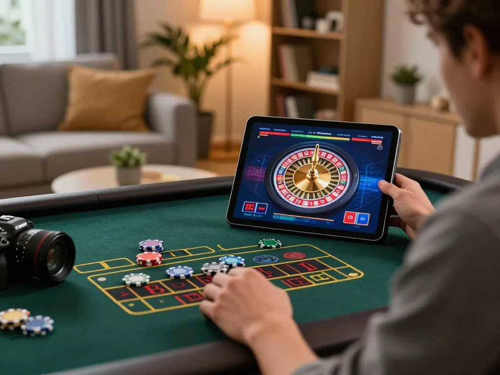 Experience luckywin with a player engaging in live casino gaming from a cozy home setup, tablet showing roulette action.