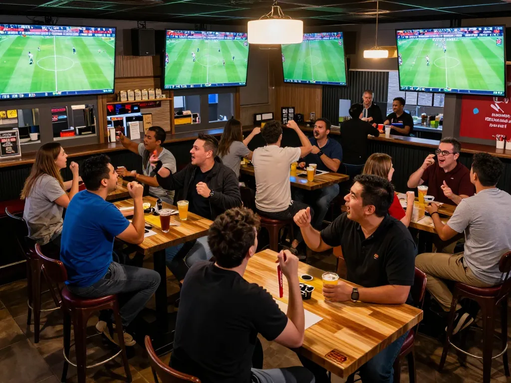 Lương Sơn TV viewers cheering for live soccer streams in an energetic sports bar atmosphere