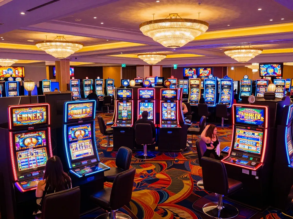 Experience thrilling gameplay at VMAX casino with vibrant slot machines in action, reflecting the excitement of winning.
