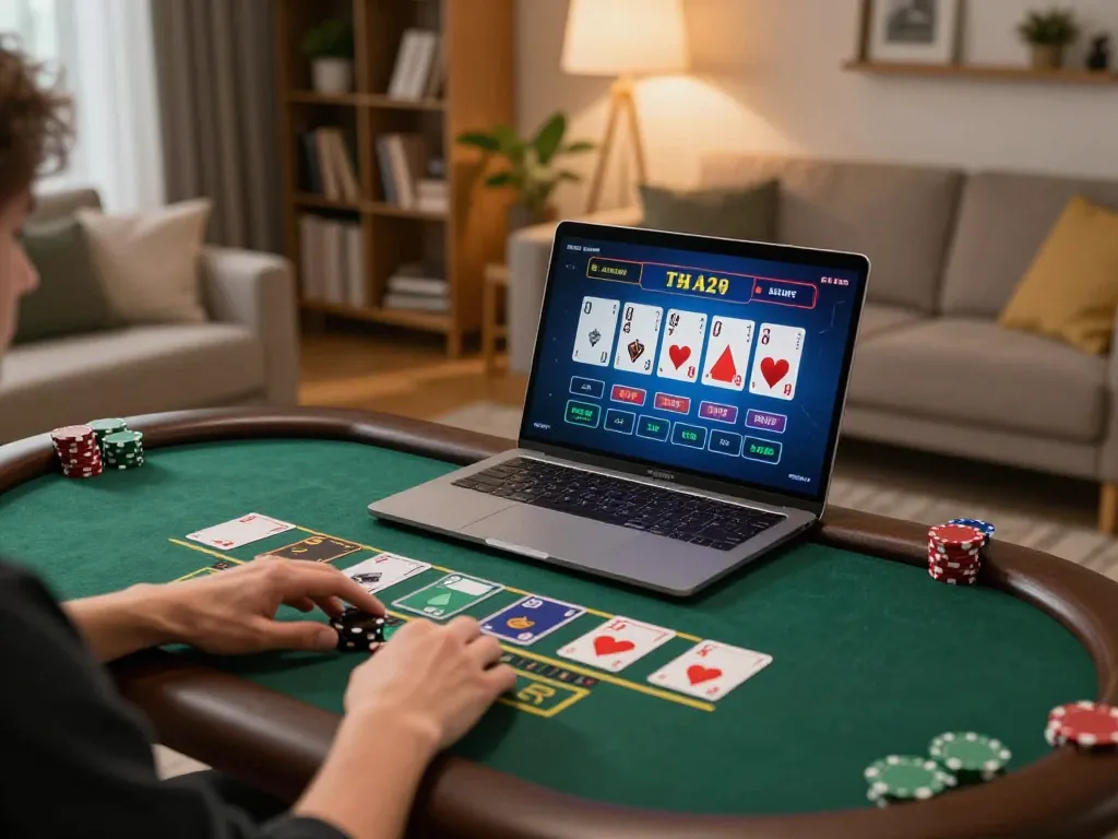 Person playing live blackjack on ee88go online platform from a cozy home setup