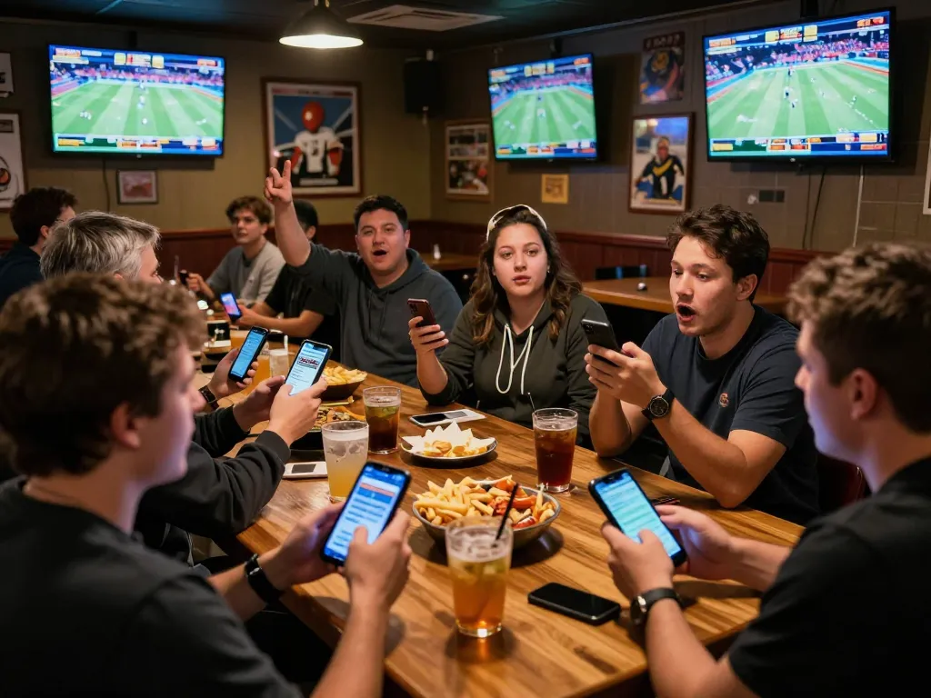 Engaged sports bettors placing wagers on mb66 platform, surrounded by live sports action in a vibrant bar setting.