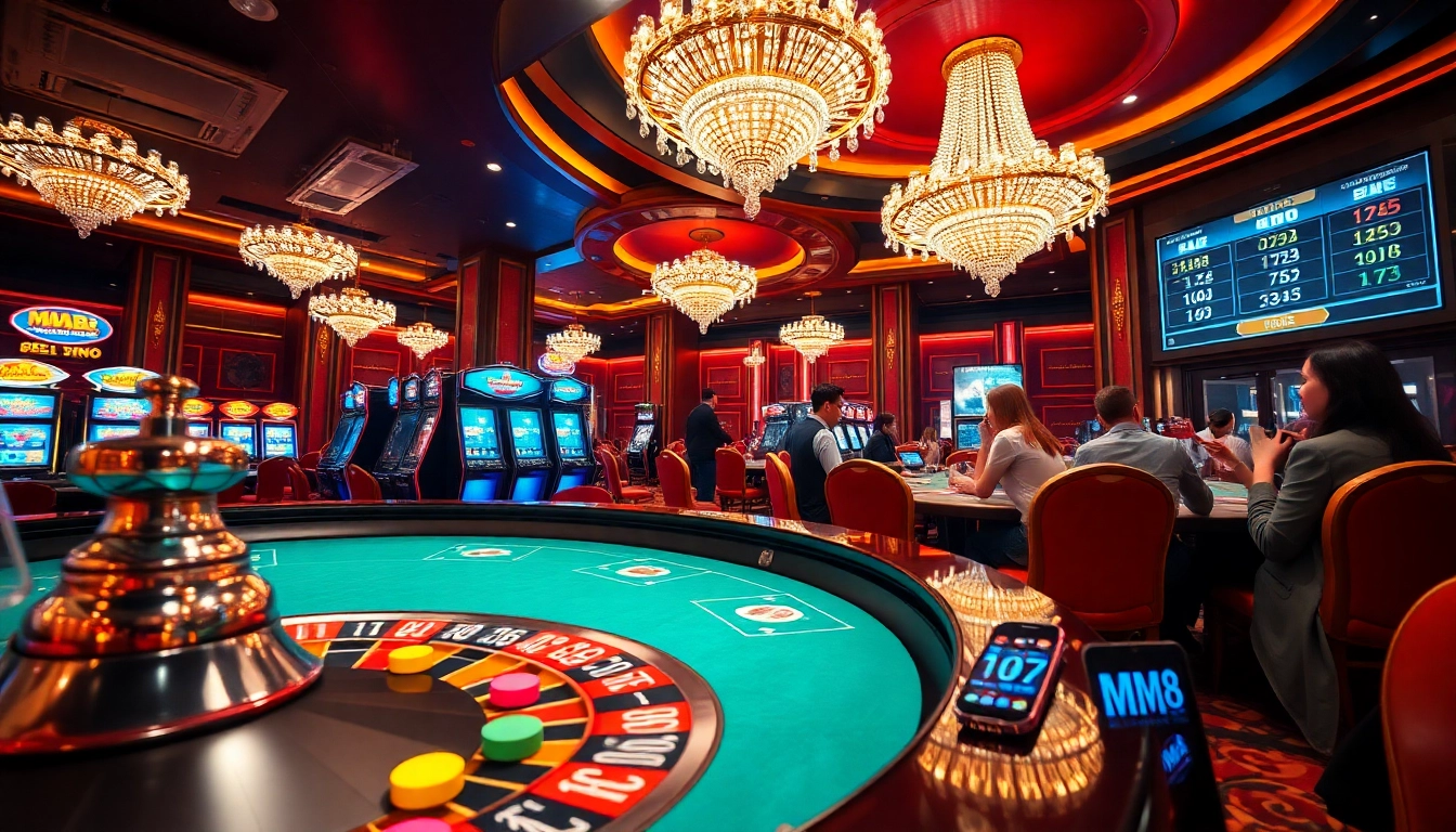MM88 casino scene showcasing exciting gambling action with roulette, poker tables, and vibrant chips.