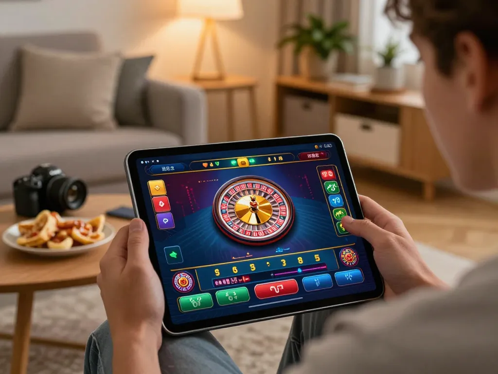 Engaged player using KKWIN gaming app for an exciting online roulette experience in a cozy living room.