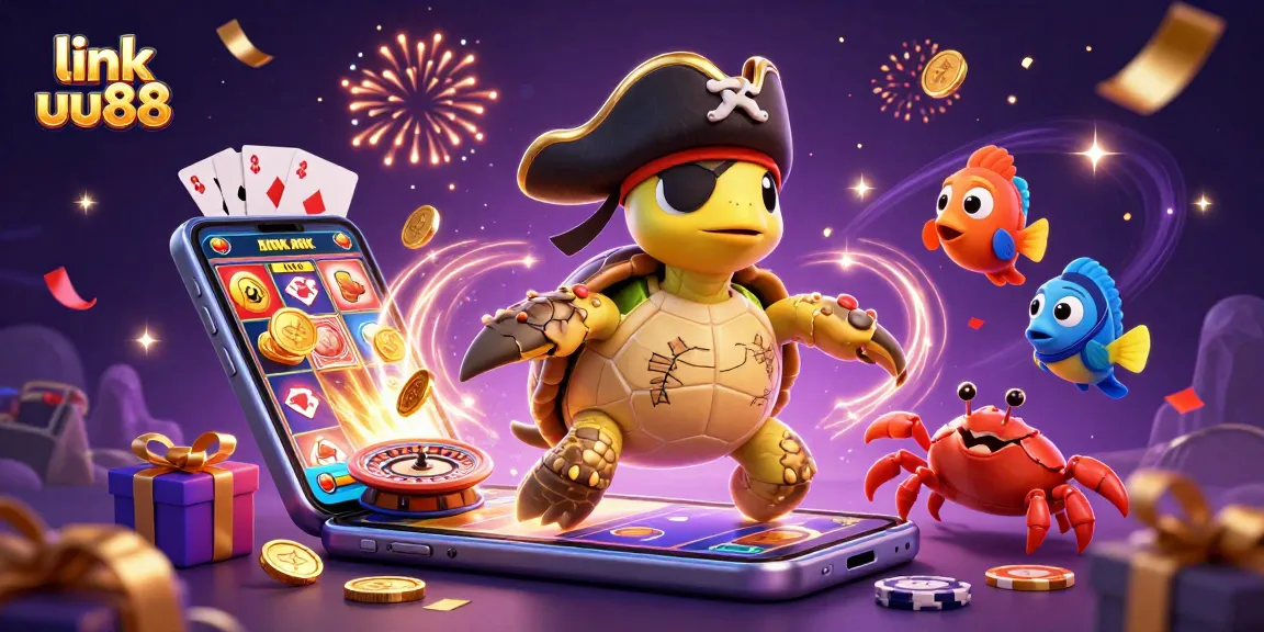 Experience thrilling gameplay with link uu88 as the pirate turtle discovers treasure amidst vibrant slot games and colorful casino elements.