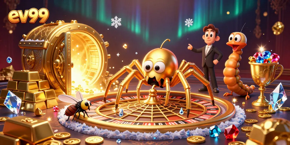 Watch the fly nervously place bets in the exciting ev99 casino game scene with a golden web roulette wheel.