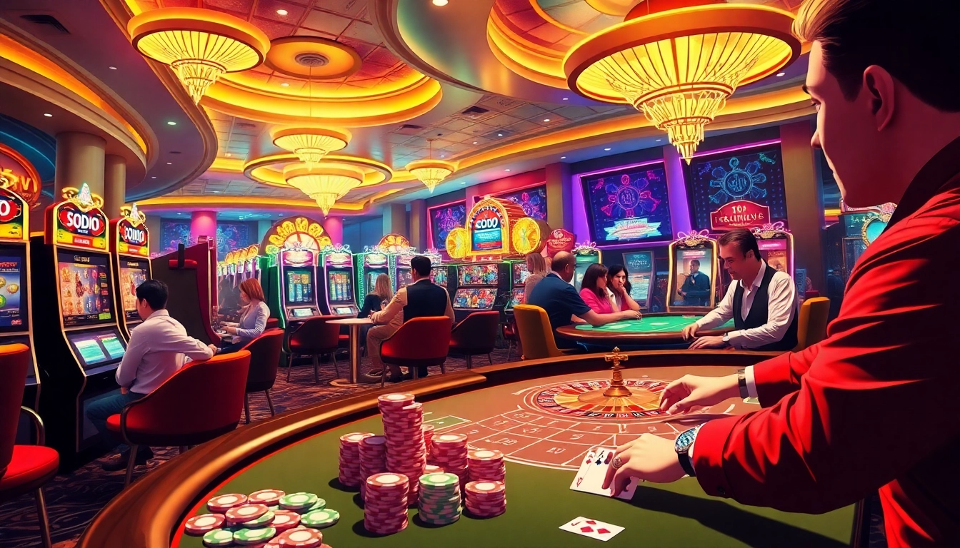 SODO CASINO reveals an exciting casino floor with vibrant games and players engaged in betting