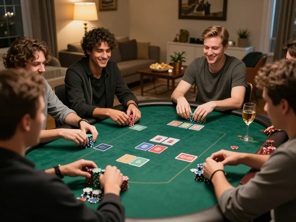 Players at a home poker night strategizing over cards and chips with SC88 in a cozy setting.