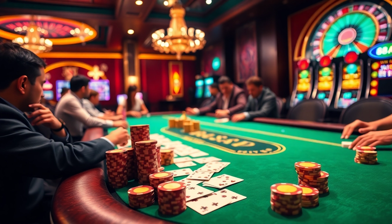 A vibrant casino scene showcasing gambling excitement at 88AA, featuring poker chips and playing cards.