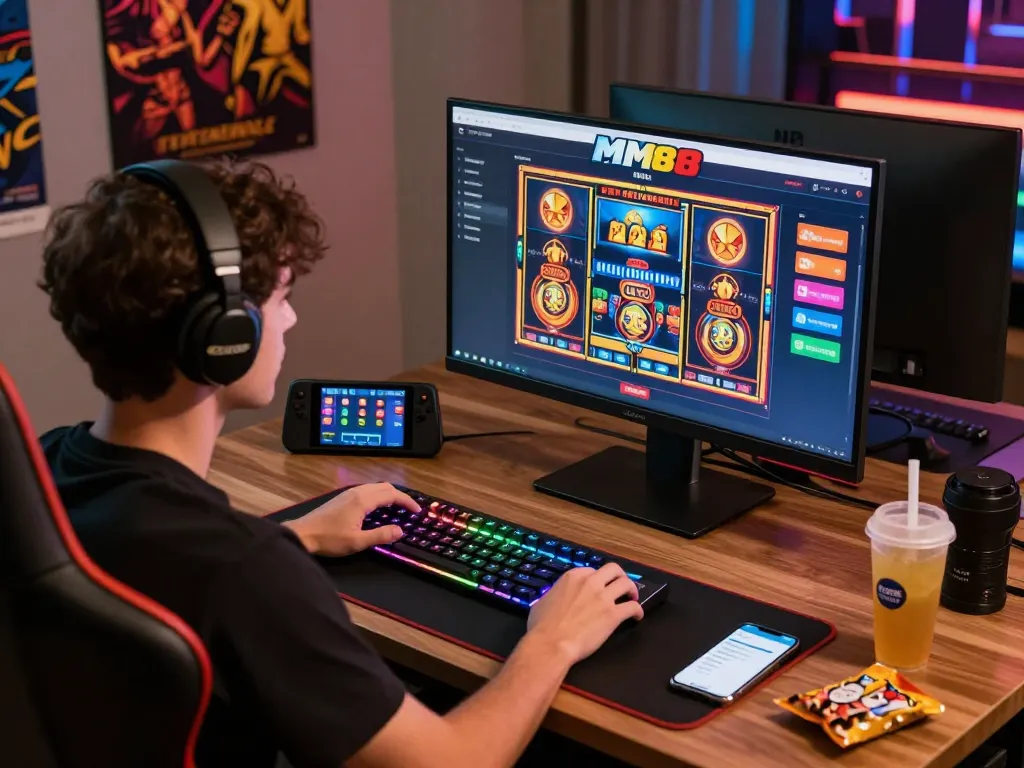Gamer engaging with MM88 online casino platform on a modern desktop setup, showcasing vibrant games and accessories.