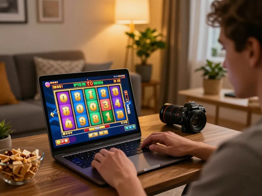 Player enjoying the excitement of pucuk138 slot games at home, showcasing an engaging online gaming experience.